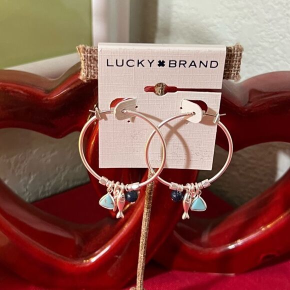 NWT Lucky Brand Silver Hoop Earrings with Charms #LKER2 - Picture 1 of 6